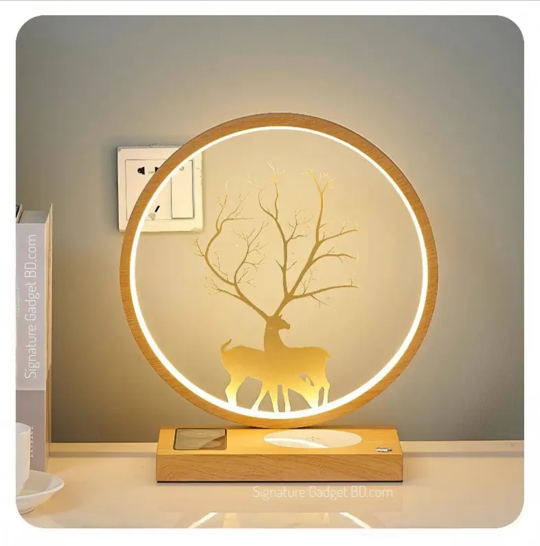 Smart Wireless Charging LED Desk Lamp with Bluetooth Speaker Modern Wooden Decor Night Light signaturegadgetbd.com